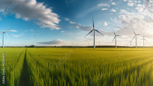 A panoramic view of a wind farm in a green field, with dozens of wind turbines spinning in the wind. © Anderson Piza