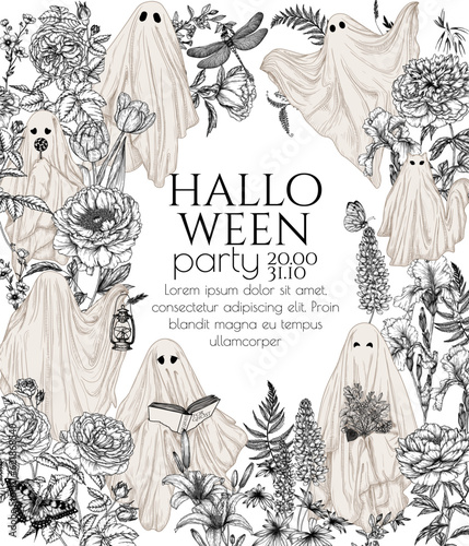 Vector template of halloween invitation with different ghosts in flowers in engraving style. Ghost with a book, with a lamp, with a bouquet, with a candy, ghost cat
