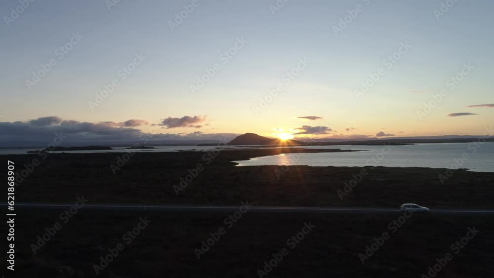 View over Lake Myvatn, drone shot at sunset, Iceland, Europe View over Lake Myvatn, drone shot at sunset, Iceland, Europe