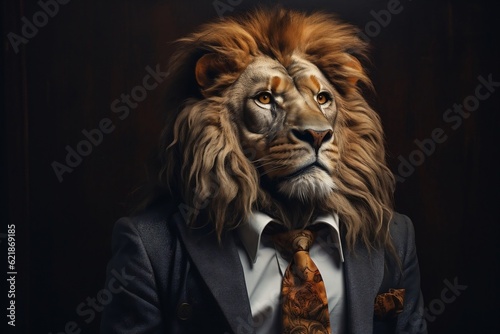 A lion dressed in a suit and tie. AI