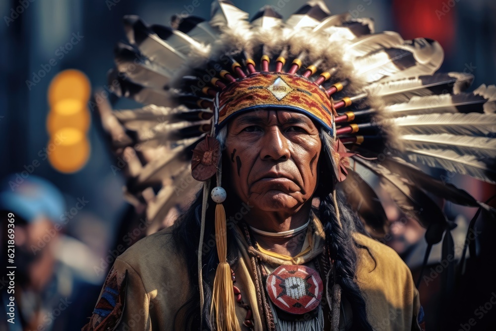 Obraz premium Native American man wearing traditional regalia costume.
