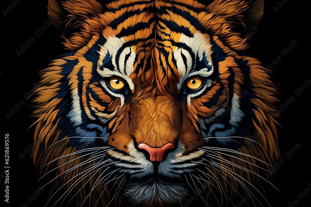 A close up of a tiger's face on a black background. AI