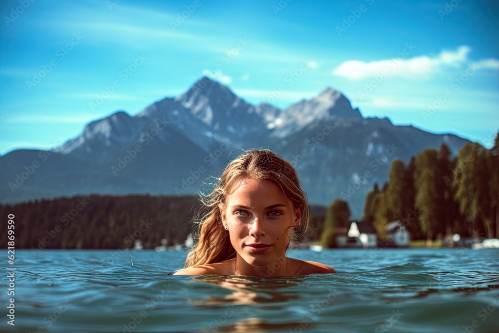 Woman enjoying a refreshing swim in a crystal-clear sea. Woman enjoying a refreshing swim in a crystal-clear sea.