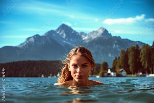 Woman enjoying a refreshing swim in a crystal-clear sea. © MADMAT