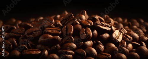 Coffee beans background. Close - up brown coffee beans banner. Ai generative.