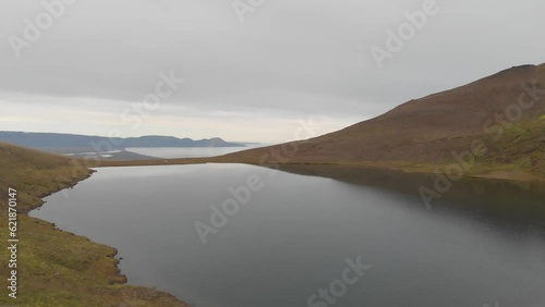 Lake in the Dyrfjoll Mountains, drone shot, Austurland, Iceland, Europe photo