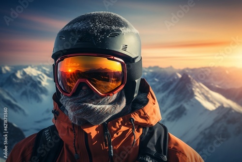 A man in an orange jacket and goggles standing in front of a mountain range. AI