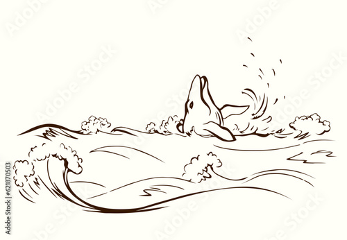Vector drawing. Whale swims in the sea