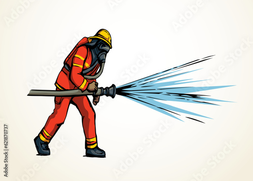 Vector drawing. Firefighter puts out the fire