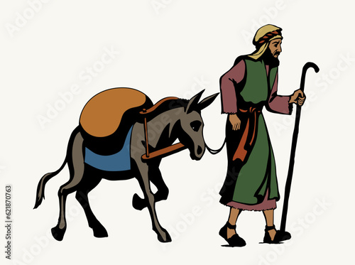 Vector drawing. Donkey loaded with cargo