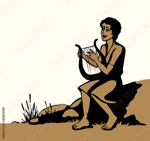 Vector drawing. Guy playing the harp