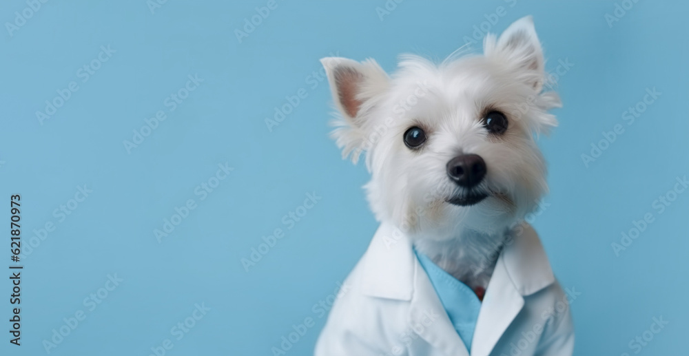 Doctor dog in a medical coat on a blue background with space for text. AI generation Doctor dog in a medical coat on a blue background with space for text. AI generation