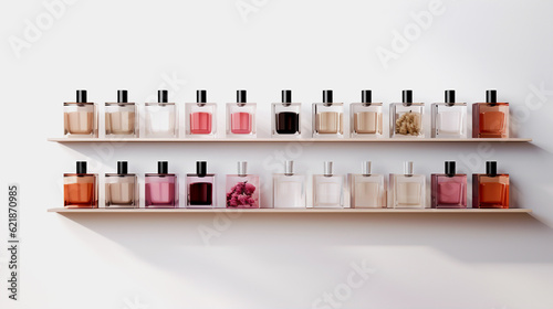 Shelf in a store with various bottles of perfume on light background. ai generation 