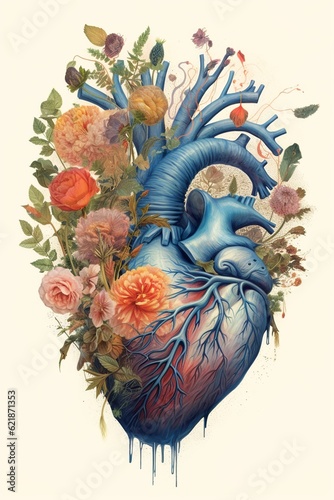  Anatomical heart of flowers and plants in vintage style, Symbol of love, Generative AI