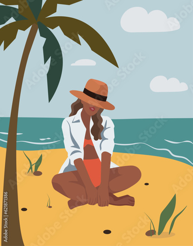 A beautiful black girl sitting on the beach in orange bikini, white shirt and with brown hat during vacation with palm trees and sea in faceless style for webs, posters, cards