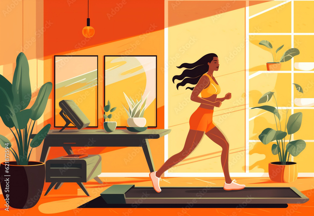 run woman indoor style training boho exercise fitness fit treadmill health sport. Generative AI.