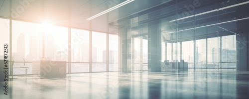 Beautiful blurred banner background of a light modern office interior with panoramic windows and beautiful lighting. Ai generative.