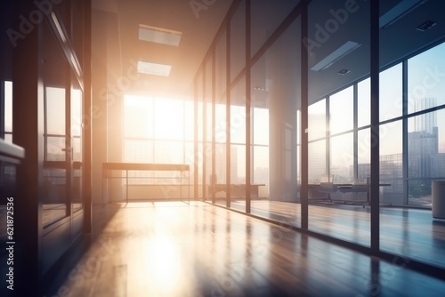 Beautiful blurred background of a light modern office interior with panoramic windows and beautiful lighting. Ai generative.