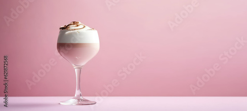 Coffee cocktail with whipped milk cream foam in glass isolated on pastel flat pink background with copy space. Alcoholic Irish coffee drink, minimal concept. Generative AI.