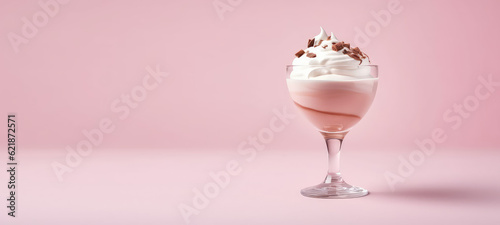 Coffee cocktail with whipped milk cream foam in glass isolated on pastel flat pink background with copy space. Alcoholic Irish coffee drink, minimal concept. Generative AI.