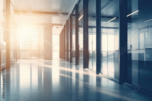 Beautiful blurred background of a light modern office interior with panoramic windows and beautiful lighting. Ai generative.