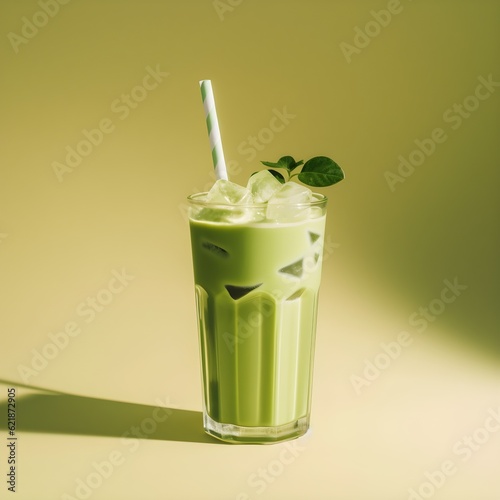 a glass of green liquid with a straw and leaves