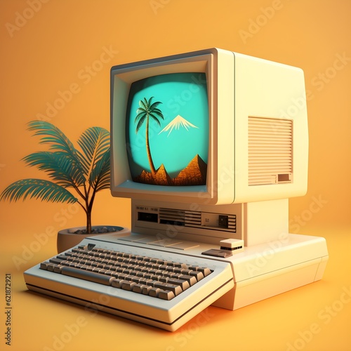 an old computer with a keyboard and a plant