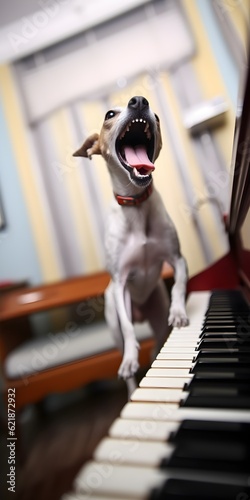 a dog standing on a piano