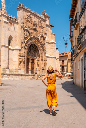 Woman visiting the church of Santa María la Real in Aranda de Duero in the province of Burgos. Spain