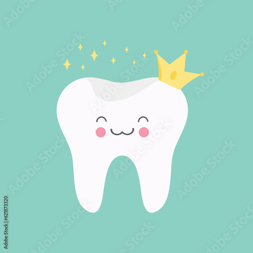 Healthy and happy tooth. Cartoon smiling tooth in a crown with gold shining stars. Vector illustration