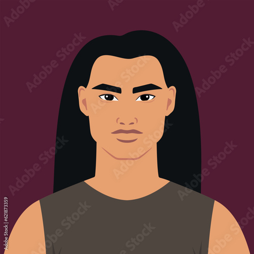 Young indigenous man in a shirt. Portrait of native American ethnicity. Full face abstract male avatar in flat style. Vector art