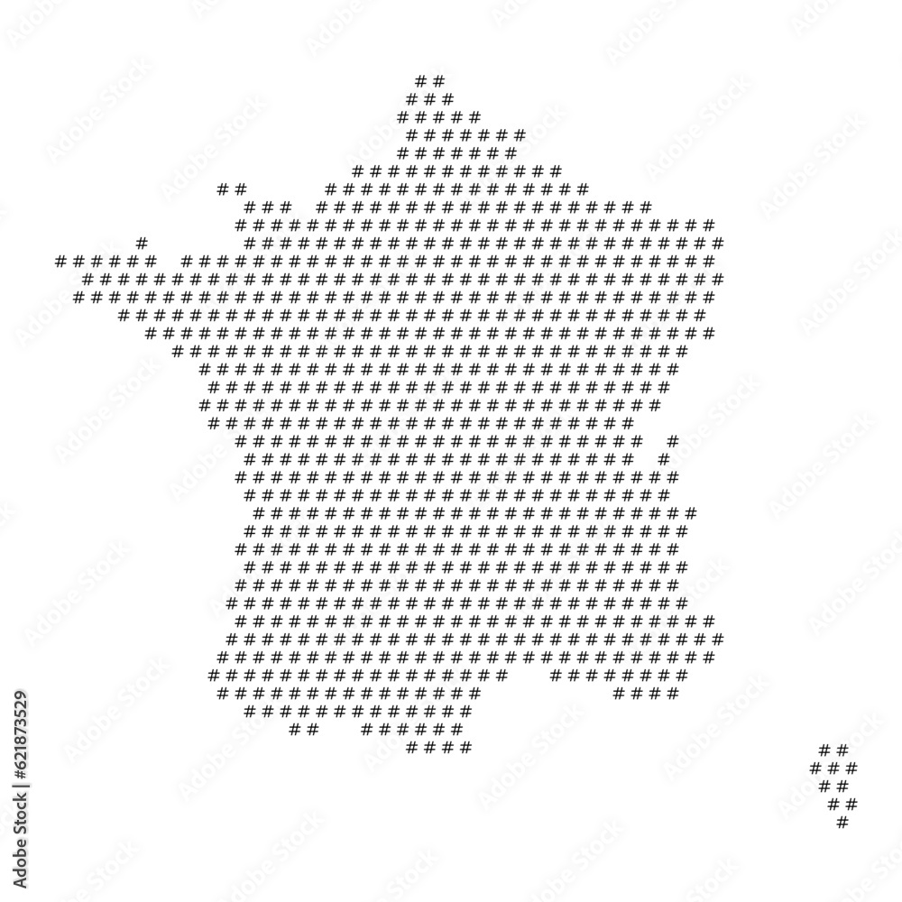 Map of the country of France with hashtag icons texture on a white background