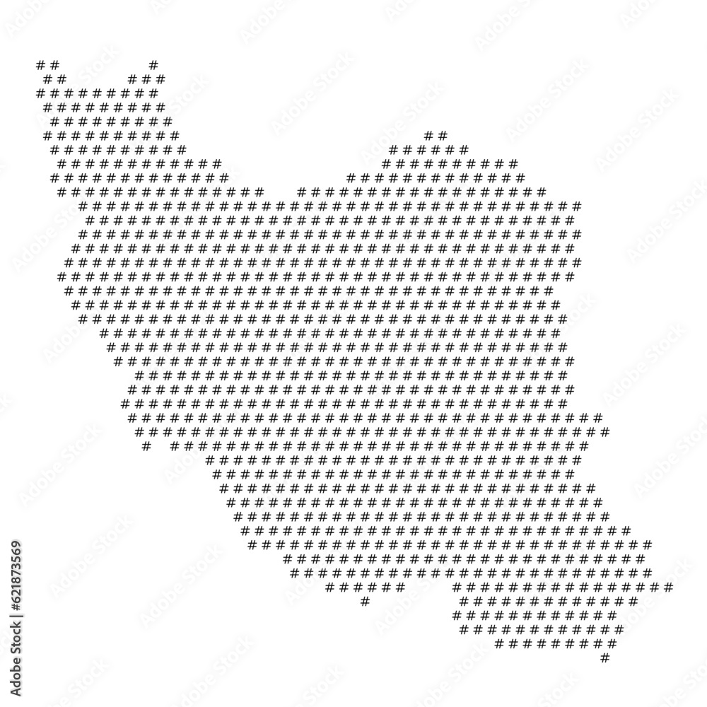 Map of the country of Iran with hashtag icons texture on a white background