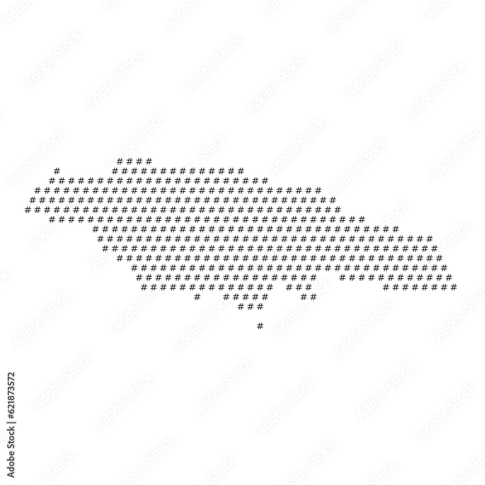 Map of the country of Jamaica with hashtag icons texture on a white background