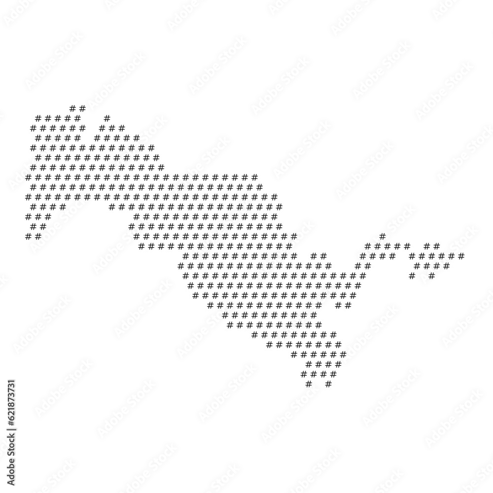 Map of the country of Uzbekistan with hashtag icons texture on a white background