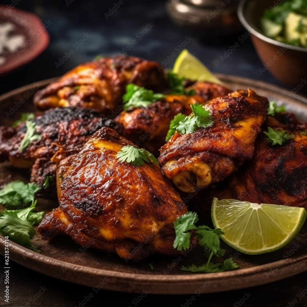 Roasted chicken on a plate grilled chicken wings Indian spiced grilled chicken Tandoori Chicken generative ai Roasted chicken on a plate grilled chicken wings Indian spiced grilled chicken Tandoori Chicken generative ai