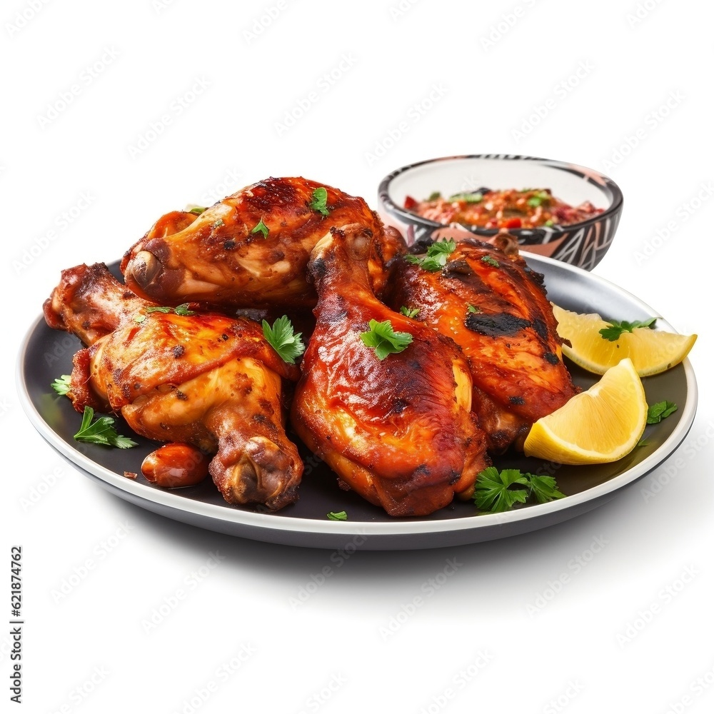 Roasted chicken on a plate grilled chicken wings Indian spiced grilled chicken Tandoori Chicken generative ai Roasted chicken on a plate grilled chicken wings Indian spiced grilled chicken Tandoori Chicken generative ai