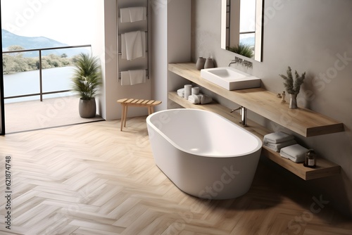 interior design  top view of modern bathroom with white and wooden walls  wooden floor.created generative ai.