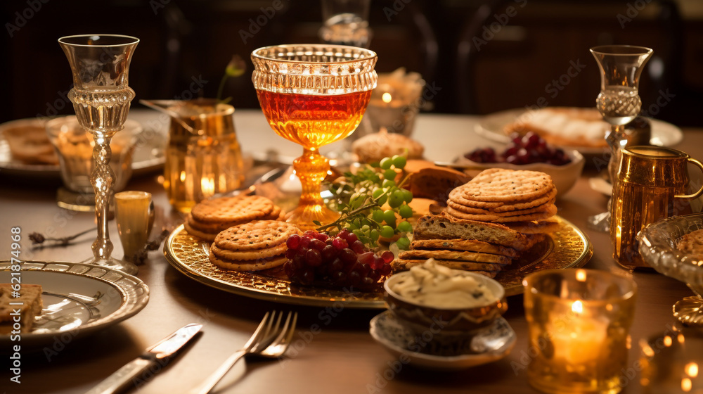 a beautifully arranged table for Rosh Hashanah dinner, featuring traditional dishes and symbolic elements, AI-Generated a beautifully arranged table for Rosh Hashanah dinner, featuring traditional dishes and symbolic elements, AI-Generated