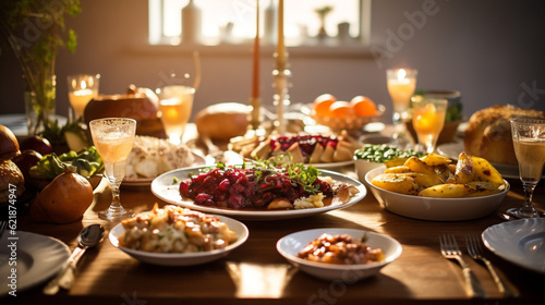table setting Rosh Hashanah dinner, featuring traditional dishes and symbolic elements, AI-Generated