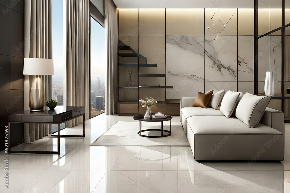 White marble floor tile in brown wall hall, luxury living room with ...