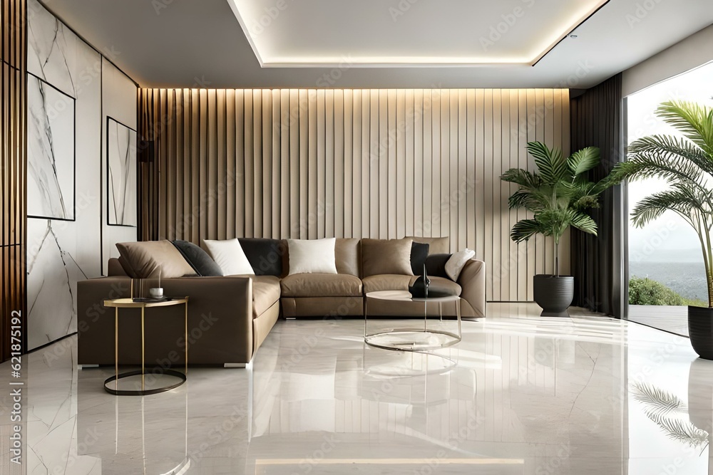White marble floor tile in brown wall hall, luxury living room with ...