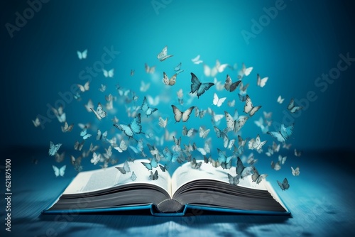 An open book with butterflies flying out of it. AI © Umar