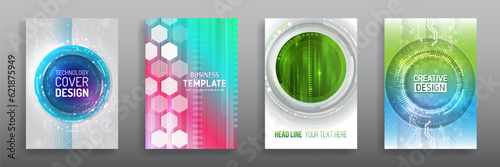 White set of hi-tech covers for presentation and marketing. Futuristic design for medical, scientific, computer flyers, brochures, and webinar pages. High-tech corporate document cover design.