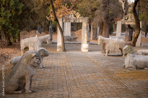 China. Ancient Cemetery of Confucius, a statues of a horse, lion and a sheep