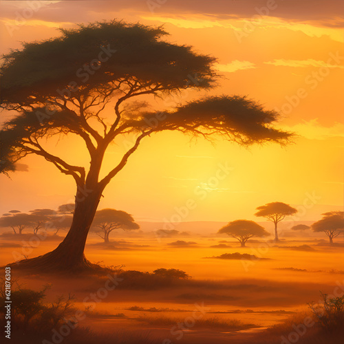 African Savanna forest landscape scene at sunset illustration. African forest landscape at sunset scene with many big trees.