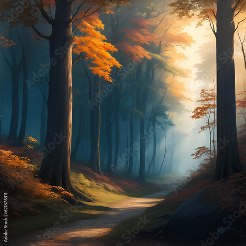Beautiful sunlight in Deciduous dipterocarp forest. Beautiful forest scenery with sunlight filtering through the foliage. painting with autumn season, trunk, branches, leaves. illustration style. photo