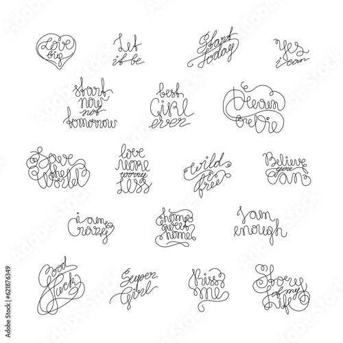 Different inspirational lettering set calligraphy text small tattoo, inscription, continuous line drawing, print for clothes, t-shirt, emblem or logo design, handwritten inscription, isolated vector.