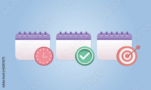 calendar icons in three versions with clock, target and check mark.on blue background.Vector Design Illustration.