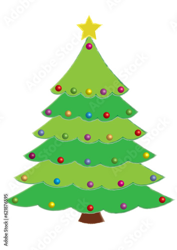 Christmas decorated tree isolated on white. Decorative object of a green decorated tree with a star.